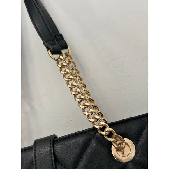 ALDO Black Quilted Gold Chain Tote | Chic Structured Shoulder Handbag - Picture 5 of 12